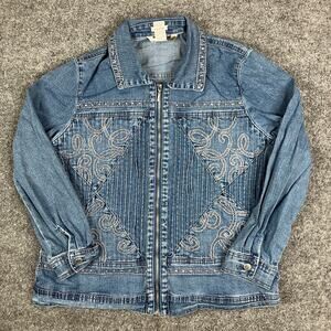 Draper's & Damon's Jacket Womens L Blue Denim Zip Front Embroidered Boho